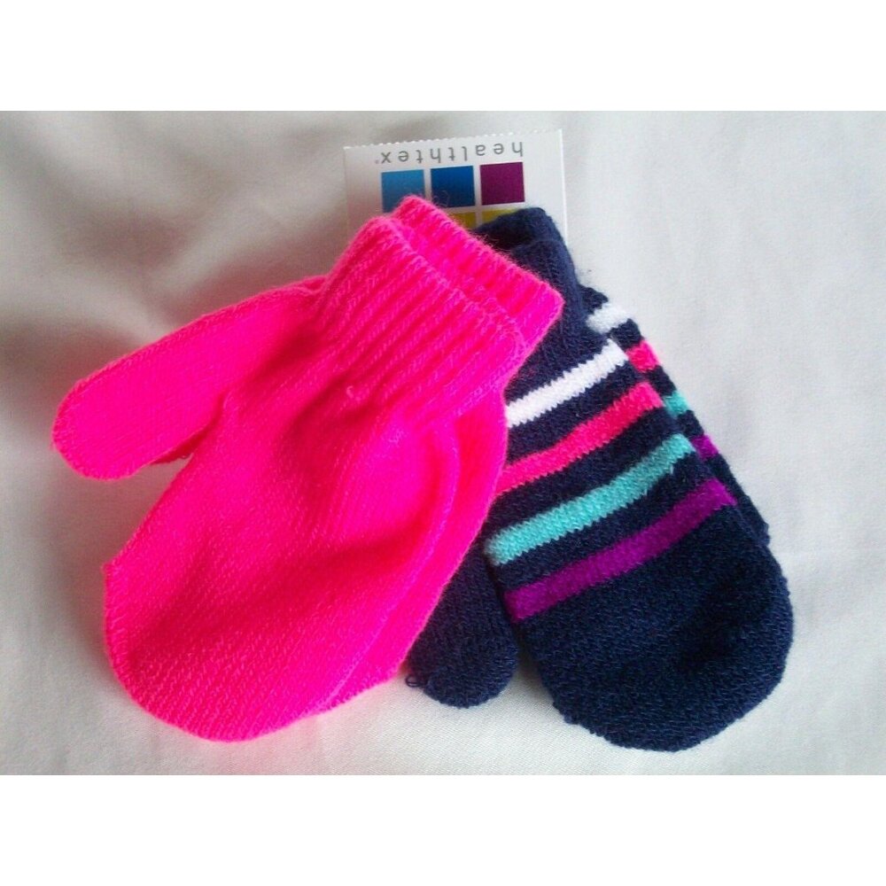 Healthtex Hot Pink Navy Blue Toddler Infant Baby Mittens Striped Winter Gloves